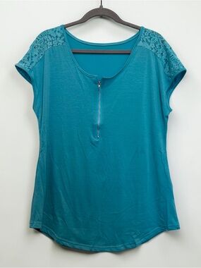 NWOT Turquoise Lace Shoulder Half Zip Blouse Top Size Large